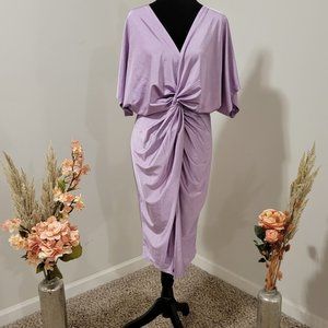 Lavender V Neck Twist Front Split Midi Dress